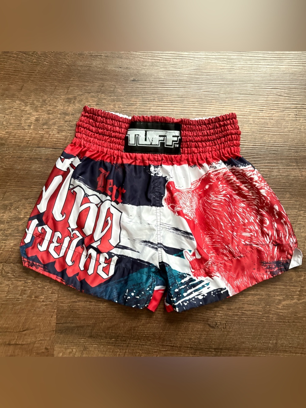TUFF Muay Thai boxing shorts roaring bear graphic red white black sz S EUC
